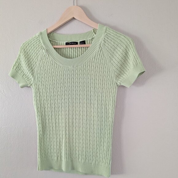 Jeanne Pierre Pistachio Green Short Sleeve Cable Knit Sweater Preppy Twee Size S - Picture 3 of 6